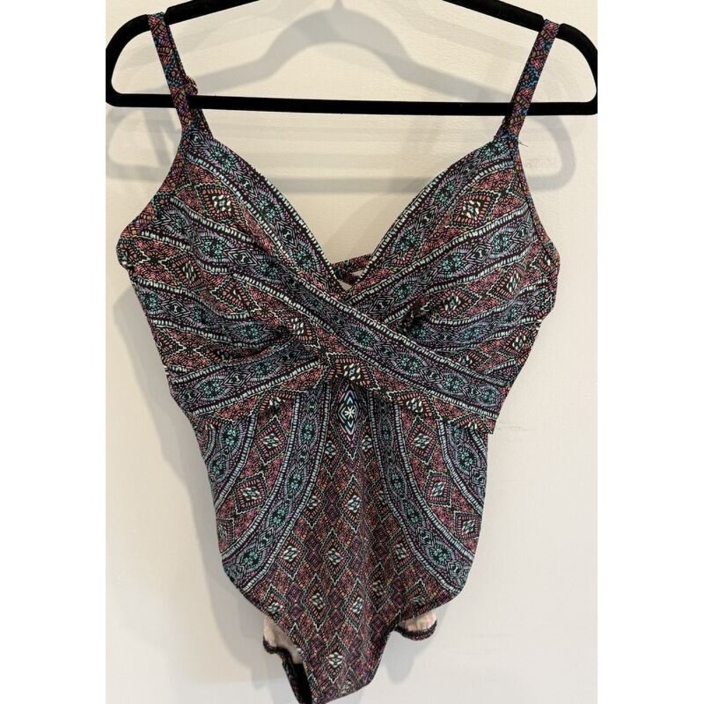 Miraclesuit One Piece Twist Front Strappy Back Swimsuit Black Print Size 14